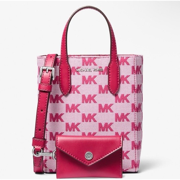 Michael Kors Handbags - Michael Kors Vincent Extra Small Logo Jacquard Tote Bag Card Case Raspberry NWT